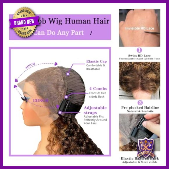 13x4 HD Lace Front Wig Human Hair Deep Wave Bob Pre Plucked 12 Inch